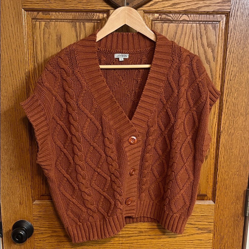 Jamison Women's Cable Knit Cardigan Vest in Rust - purchased from Evereve
